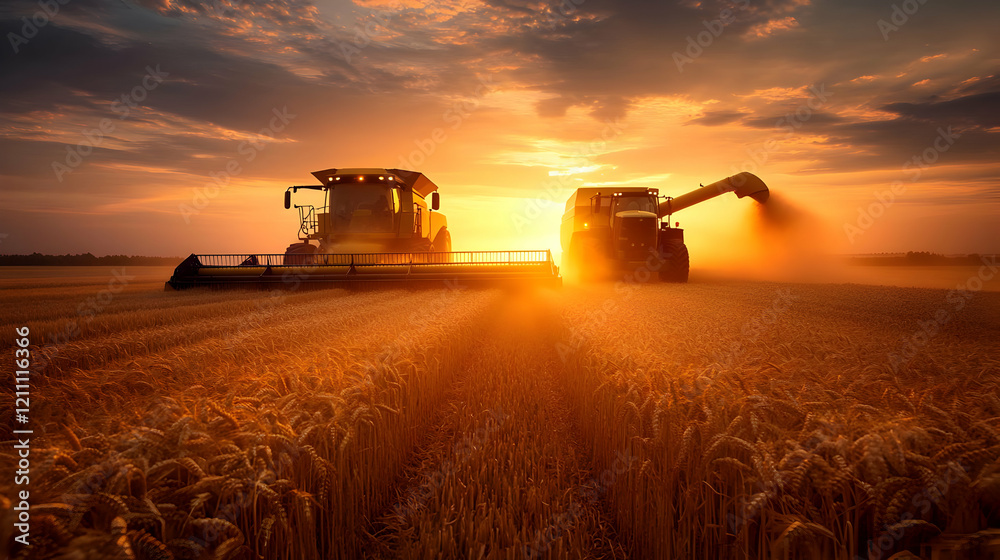Fototapeta premium Combine harvesters harvest wheat in a golden field during sunset
