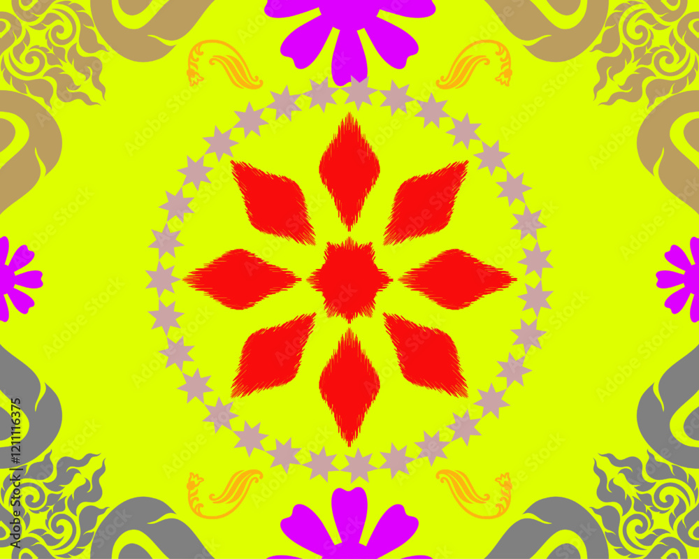 Obraz premium Bright and vibrant mandala design featuring red and pink floral patterns on yellow background, creating lively and energetic atmosphere