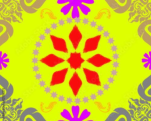 Bright and vibrant mandala design featuring red and pink floral patterns on yellow background, creating lively and energetic atmosphere