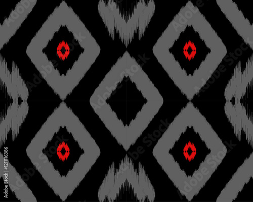 vibrant geometric pattern featuring red and gray diamonds on black background, creating striking visual effect. Ideal for textiles or wallpapers