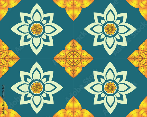 Beautiful floral pattern featuring intricate designs in teal, yellow, and light green. symmetrical arrangement creates harmonious and vibrant aesthetic