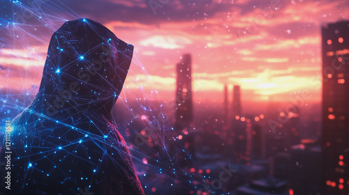 Hacker are planning to hack and attack networks and cyber security systems.Smart digital city with connection Innovation network reciprocity over the cityscape