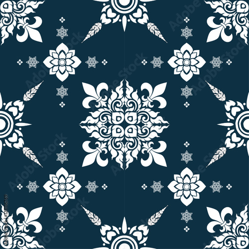 Elegant floral pattern with intricate designs on dark background, featuring various shapes and motifs that create harmonious and artistic look