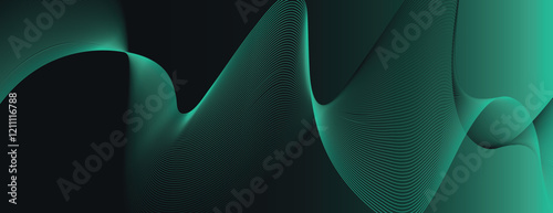Abstract background with dark green and black hues. The background features smooth, flowing wave patterns with a green and black gradient. Minimal abstract wavy gradient vector background