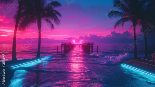 Tropical beach scenery with neon lights reflecting on the water during sunset in magenta and blue hues photo