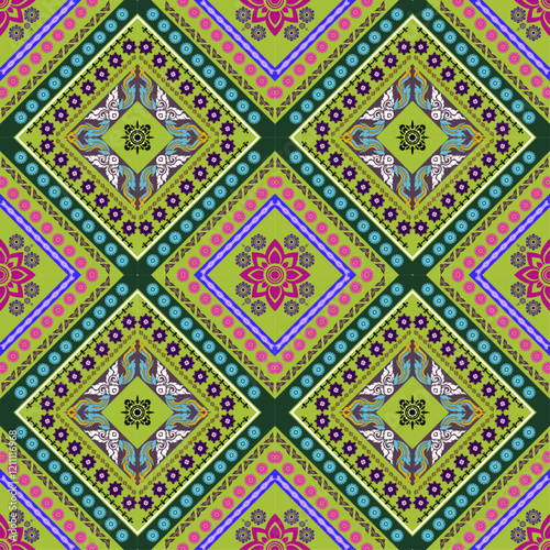 Vibrant geometric pattern featuring colorful diamonds and floral motifs, ideal for textiles or wallpaper. design showcases intricate details and lively color palette