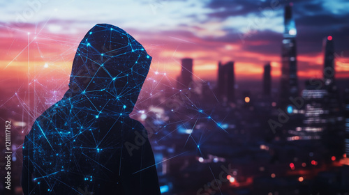 Hacker are planning to hack and attack networks and cyber security systems.Smart digital city with connection Innovation network reciprocity over the cityscape