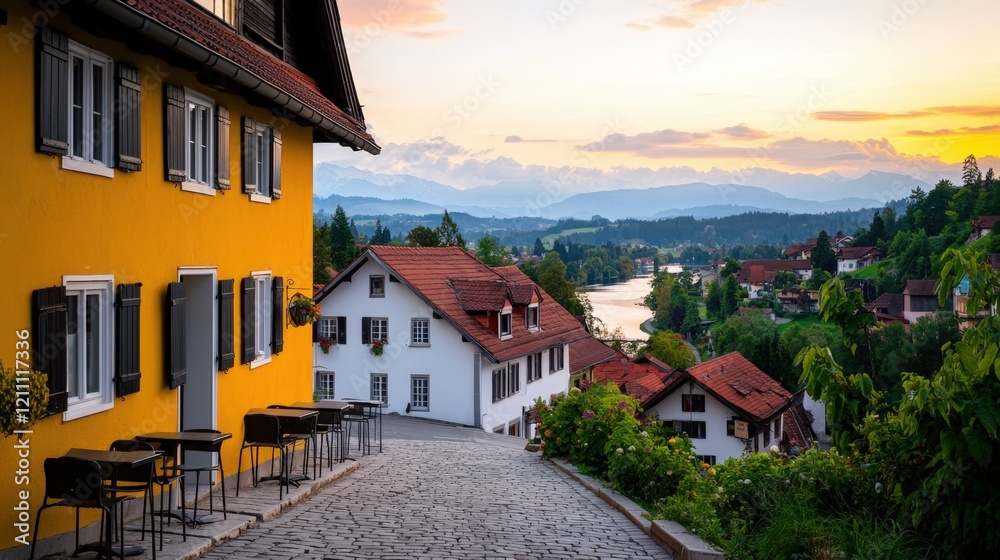 Naklejka premium Complexity structure and sophisticated, A picturesque scene of colorful houses along a winding path, set against a backdrop of mountains and a tranquil river at sunset.