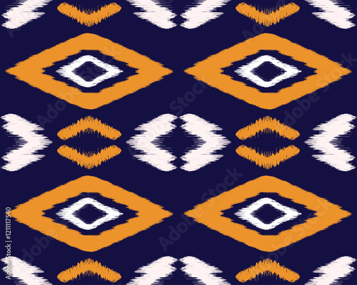 vibrant geometric pattern featuring diamonds in orange, white, and navy blue, creating dynamic visual effect. Perfect for textiles or backgrounds