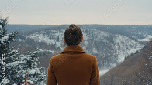Back view woman overlooking winter forest wearing a brown coat