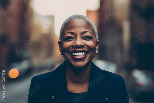 Woman Smiles Brightly in Ci...