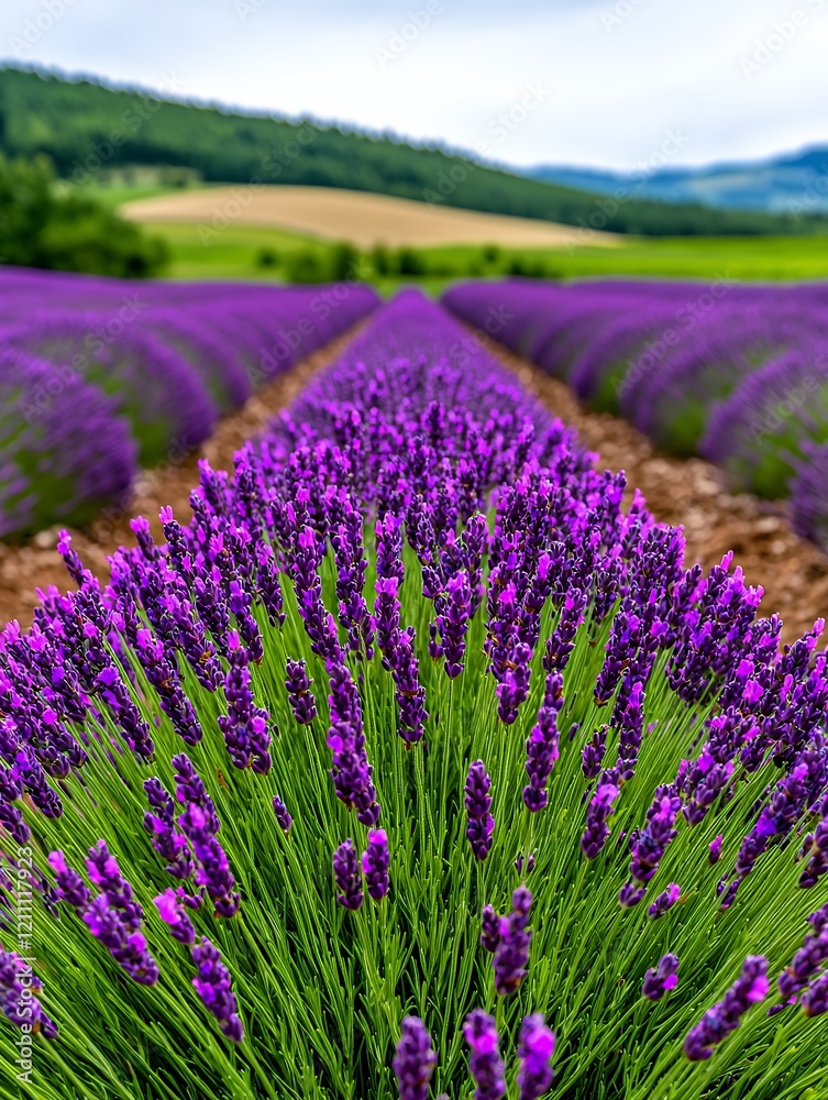 Naklejka premium Tranquil Lavender Field Under Soft Clouds in Rural Landscape