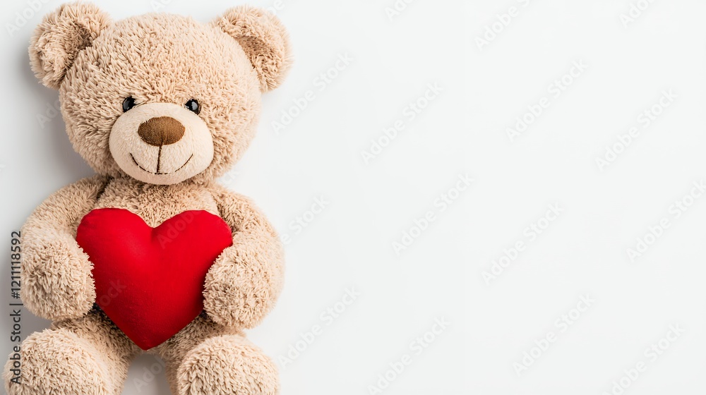 Cute teddy bear with red heart on white background for love themes