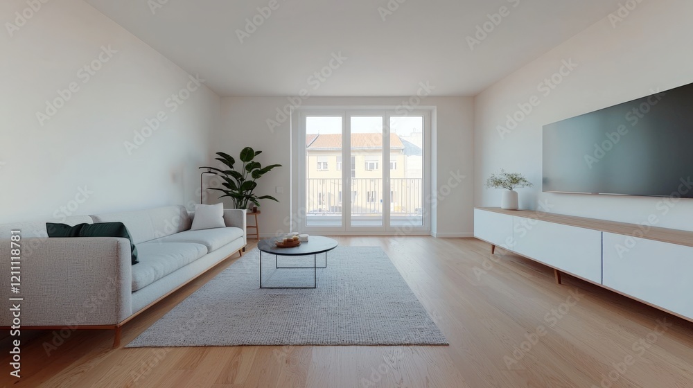 Fototapeta premium Complexity structure and sophisticated, A modern, minimalist living room featuring a light sofa, a flat-screen TV, a coffee table, and large windows allowing natural light in.