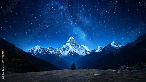 Lone Hiker Sits Below Snowy...