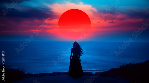 Woman Silhouette Stands on ...