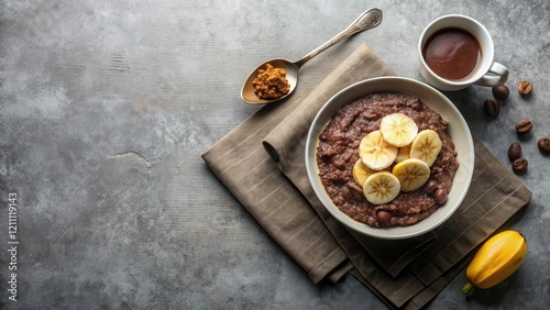 Fototapeta Naklejka Na Ścianę i Meble -  Aromatic Chocolate Banana Porridge with Coffee and Spices, a Delicious and Nutritious Breakfast