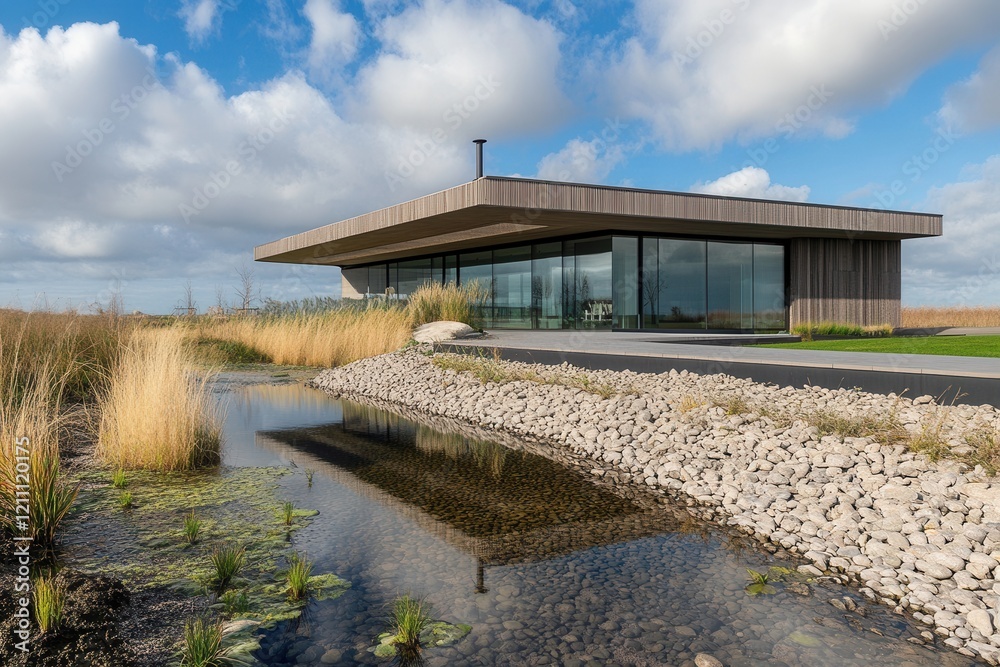 Fototapeta premium Modern pavilion, tranquil wetland, sunny day, nature reserve
