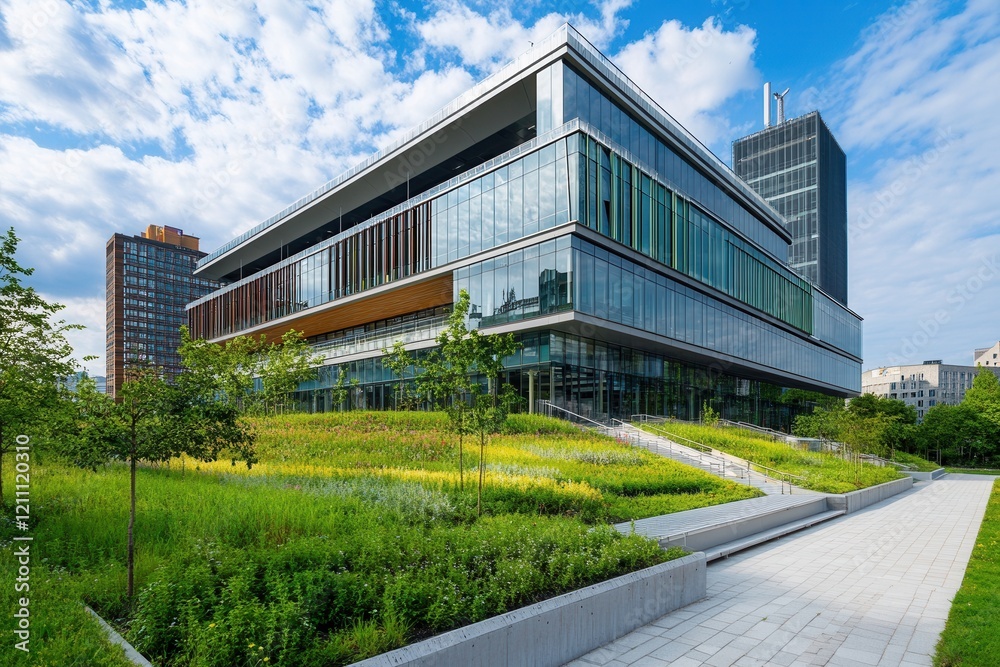 Modern campus building, green landscape, city backdrop Modern campus building, green landscape, city backdrop