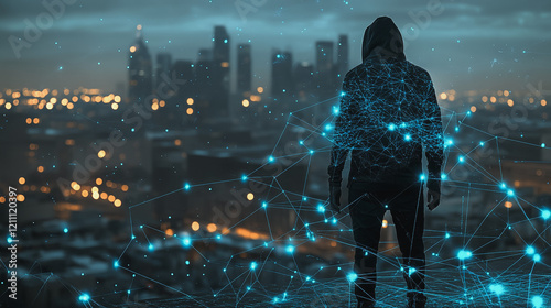 Hacker are planning to hack and attack networks and cyber security systems.Smart digital city with connection Innovation network reciprocity over the cityscape