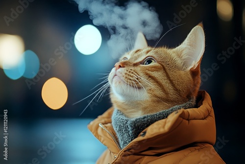 Problem of cold animals. Social marketing - animal care. Sad cute adult cat havana brown in winter warm clothes, visible breath from nose and mouth in freezing air. Kitten heat wrap. photo