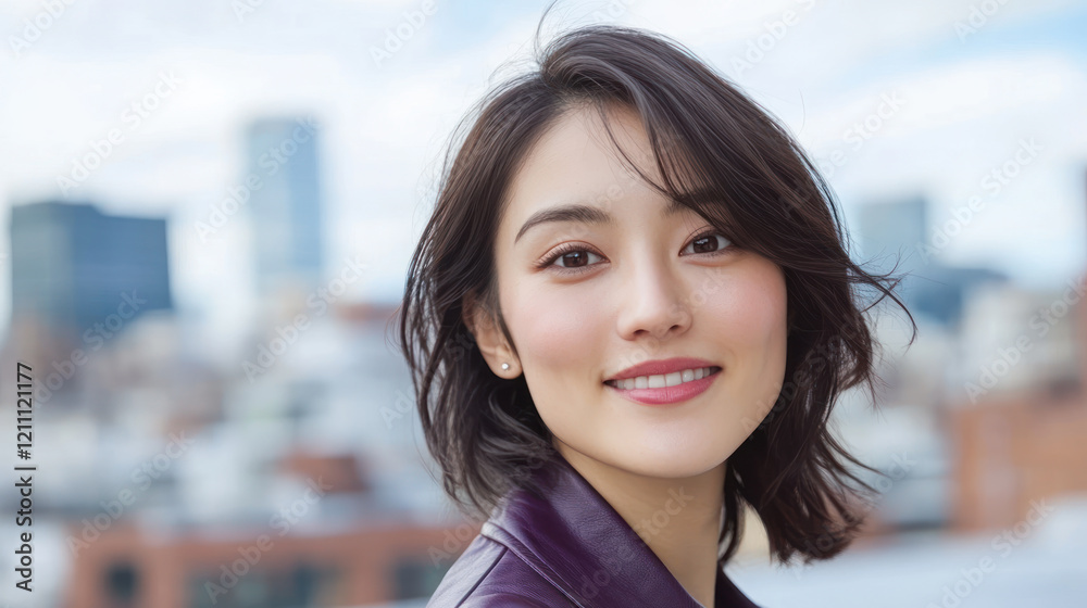 Japanese woman wearing purple attire standing at Manhattan city skyline Japanese woman wearing purple attire standing at Manhattan city skyline