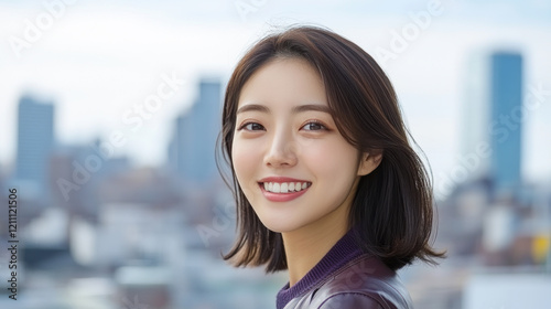 Korean woman wearing purple attire standing at Manhattan city skyline