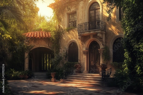 Sunlit Mediterranean villa, lush garden