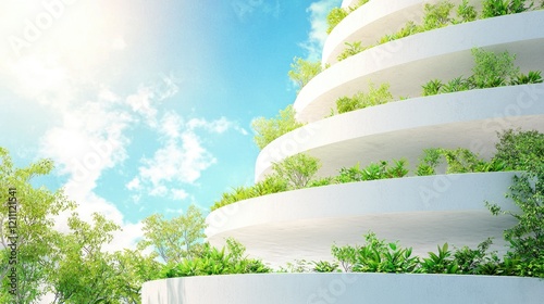 Eco-friendly building, plants, sunny sky, sustainable architecture, urban greening