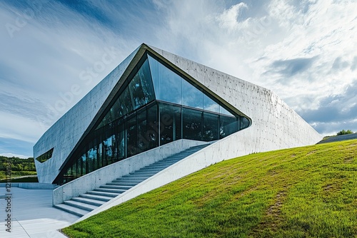 Modern building, hillside, sunny sky, green lawn, architecture photo