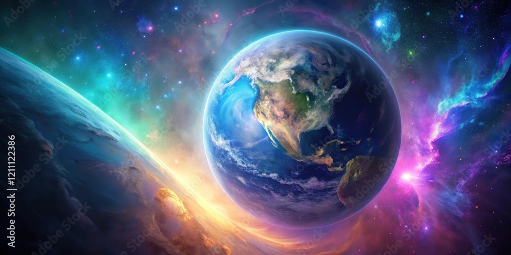 Obraz premium A Vibrant Celestial Sphere with a Planet and Nebulae Displaying a Cosmic Dance of Light and Color