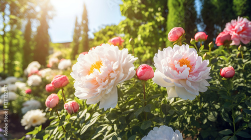Delicate White Peonies in a Sunny Garden