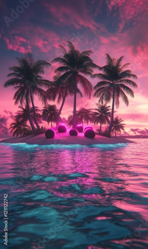 A small tropical island with palm trees and glowing orbs sits under a pink and blue sky