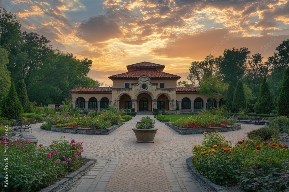 Fototapeta premium Sunrise garden villa, tranquil park