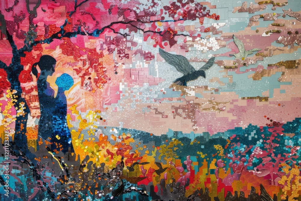 Naklejka premium Vibrant sequin wall art with tree and birds - captivating custom design