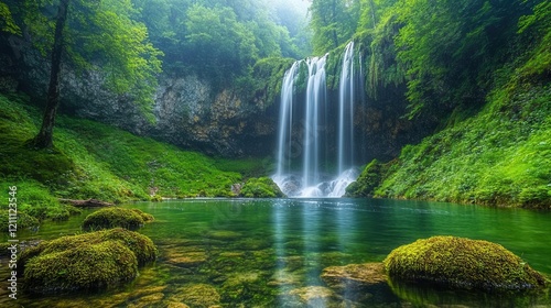ethereal forest waterfall cascading over mosscovered rocks filtered sunlight creating rainbow mist in lush green sanctuary