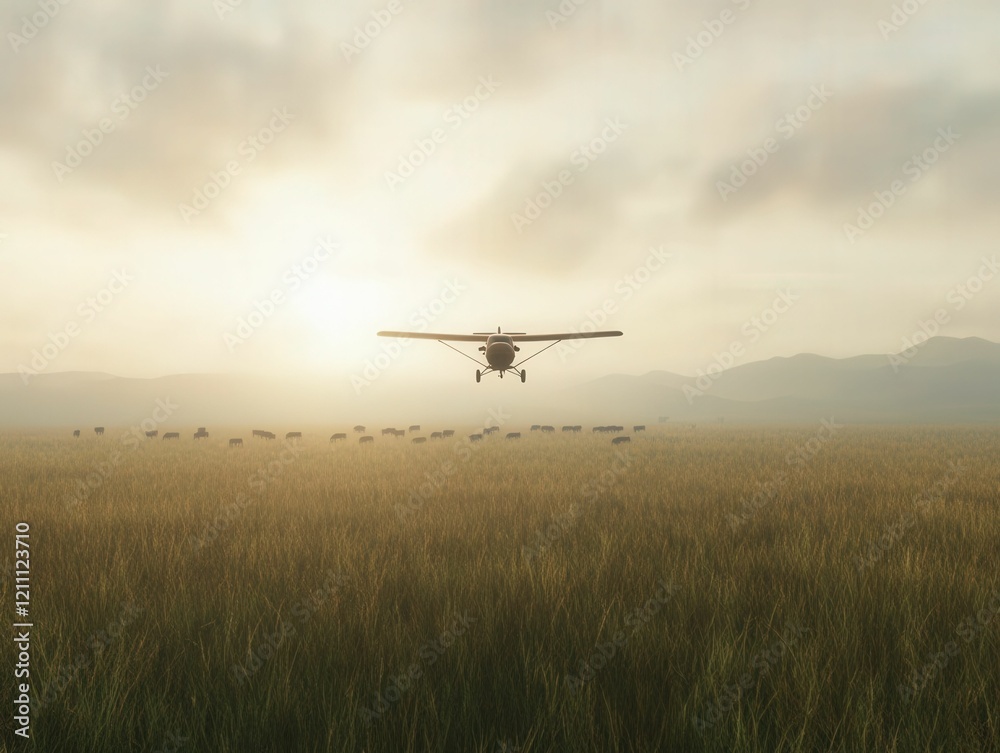 A serene landscape featuring a small airplane flying low over a grassy field, with the sun setting in the background, creating a tranquil atmosphere. A serene landscape featuring a small airplane flying low over a grassy field, with the sun setting in the background, creating a tranquil atmosphere.