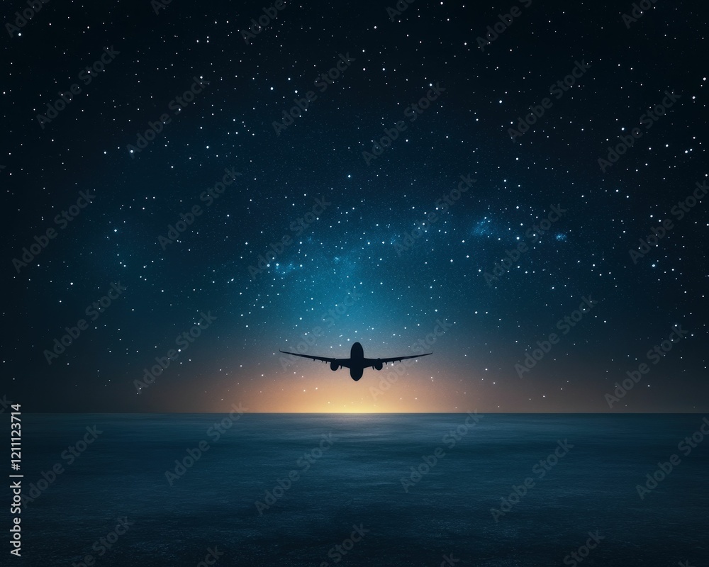 Naklejka premium A silhouette of an airplane flies towards a starry night sky above calm waters, creating a serene and mysterious atmosphere.
