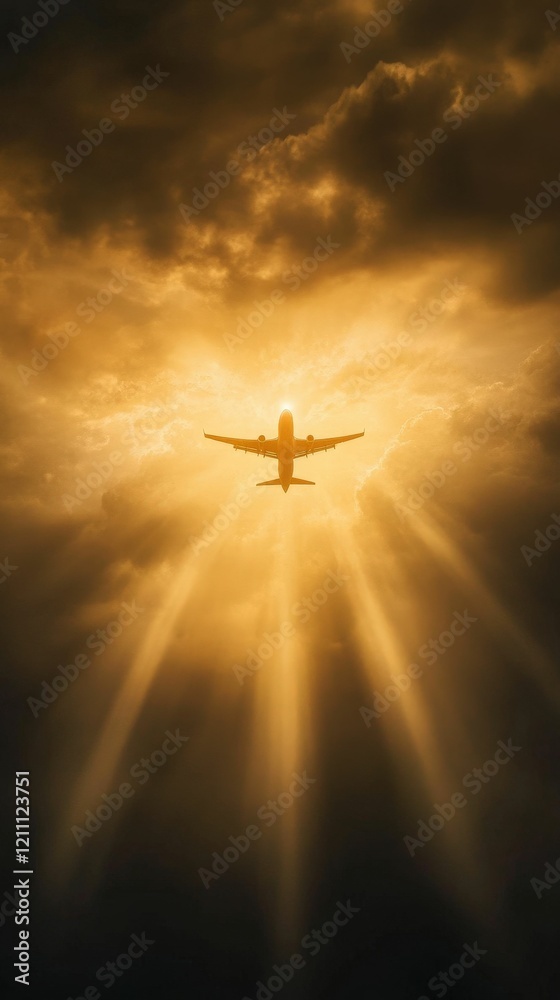 Naklejka premium A silhouette of an airplane flies through golden rays of light piercing dark clouds, creating a dramatic and uplifting scene.
