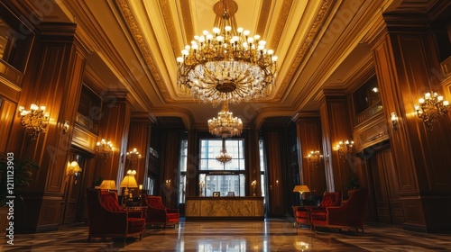Grand Hotel Lobby: Opulent Interior Design with Crystal Chandeliers