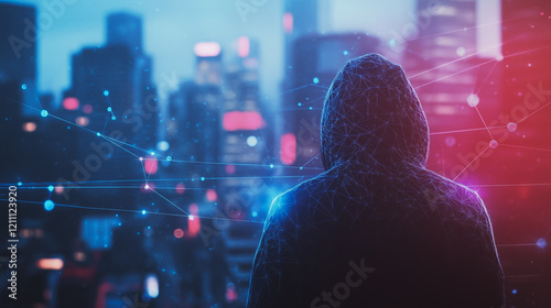 Hacker are planning to hack and attack networks and cyber security systems.Smart digital city with connection Innovation network reciprocity over the cityscape