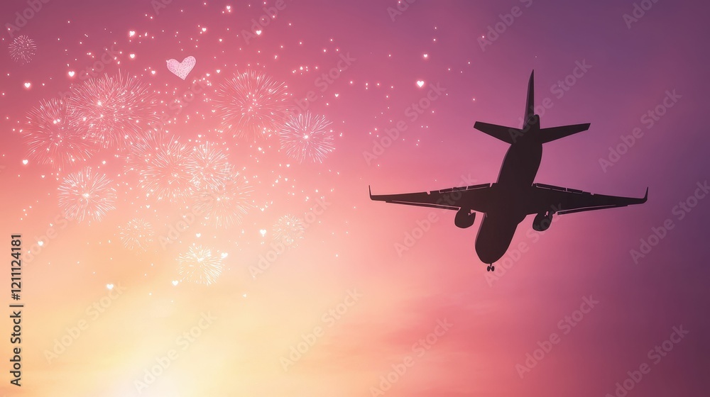 Naklejka premium A silhouette of an airplane flying against a vibrant pink and purple sky, adorned with sparkling stars and hearts, evoking a sense of adventure and romance.