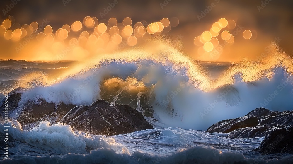 Fototapeta premium Dramatic ocean wave crashing on rocks at sunset with bokeh effect.
