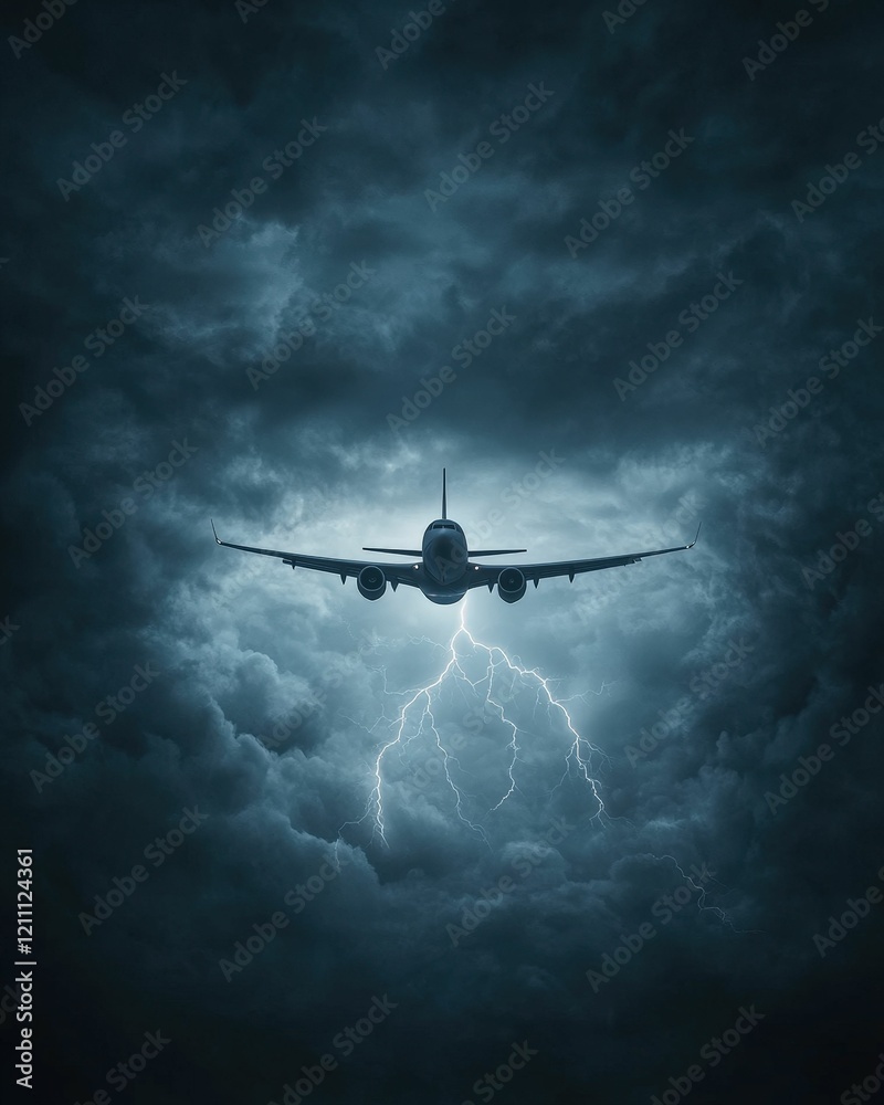 Naklejka premium A dramatic image of an airplane flying through a stormy sky, illuminated by lightning, creating a sense of adventure and tension.