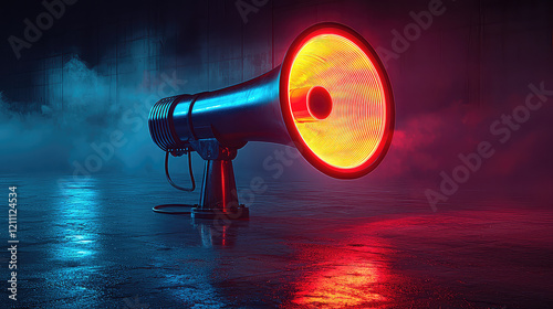 A glowing vintage megaphone on a dark, reflective surface with neon blue and red lighting and smoke.