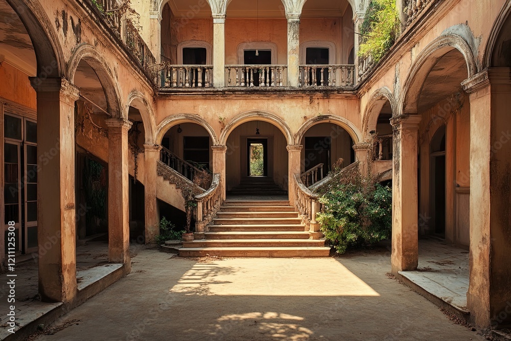 Fototapeta premium Ruined mansion courtyard, India, sunlight, decay