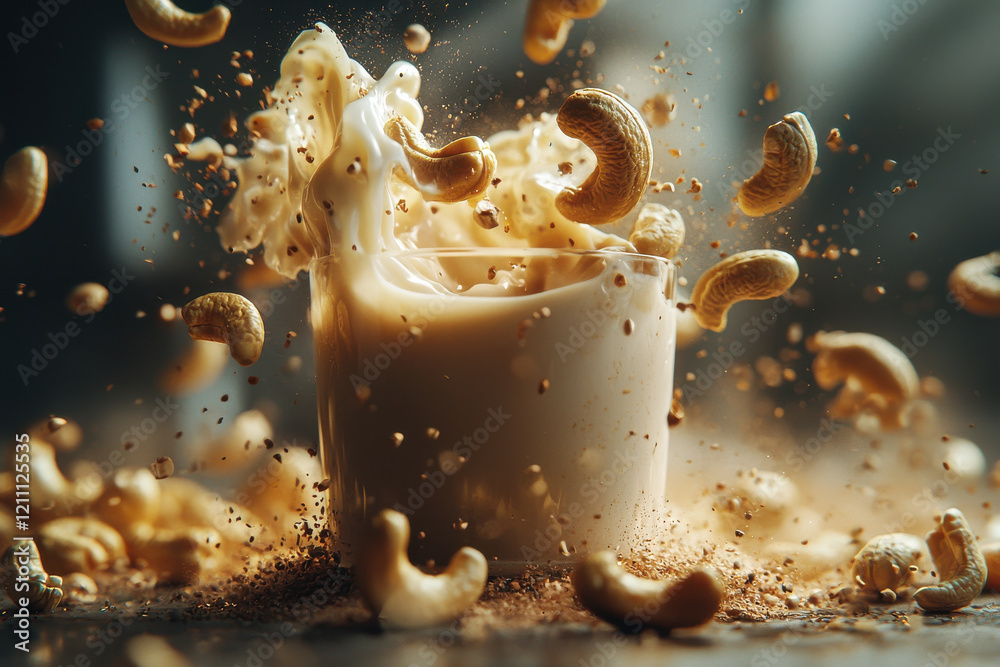 Creamy cashew milk splashes from glass, surrounded by flying cashews Creamy cashew milk splashes from glass, surrounded by flying cashews