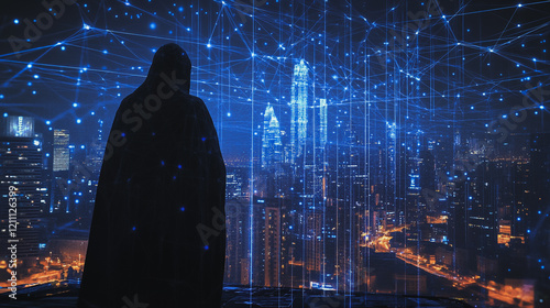 Hacker are planning to hack and attack networks and cyber security systems.Smart digital city with connection Innovation network reciprocity over the cityscape