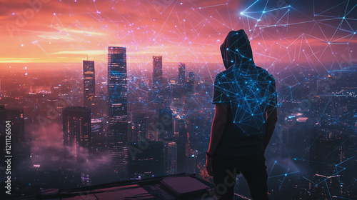 Hacker are planning to hack and attack networks and cyber security systems.Smart digital city with connection Innovation network reciprocity over the cityscape