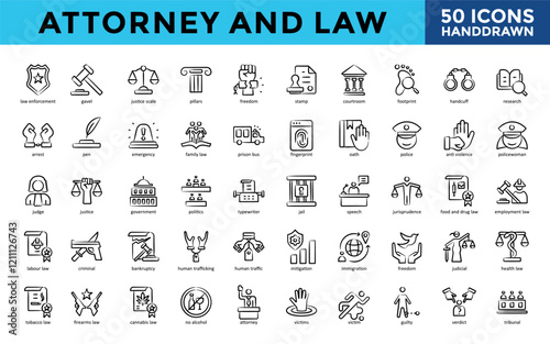 Attorney and Law icons set with law enforcement, gavel, justice scale, pillars, freedom, stamp, courtroom, footprint, handcuff, research icon. Simple handdrawn vector 
